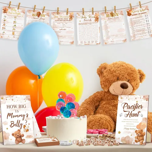 Vista 5 de Sherr Juego de 424 chupetes para baby shower, incluye letrero de caza y 50 chupetes acrílicos, Bingo Price Guess How Is Big Search for Brown Baby