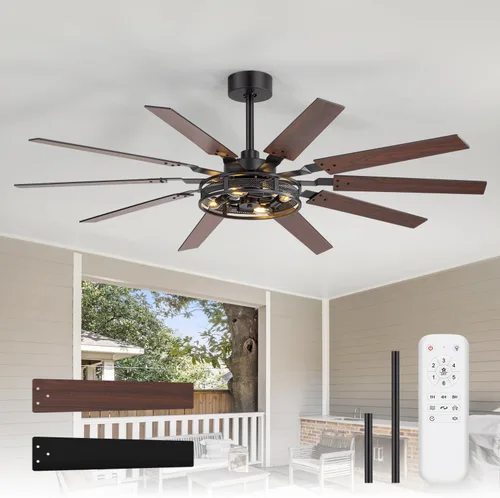 Vista 2 de Ventiladores de techo estilo granja de 60 pulgadas con luces rústicas, ventiladores de techo con jaula con control remoto, ventilador de techo
