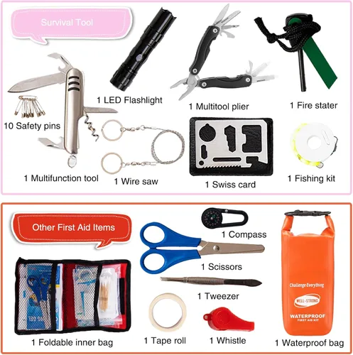 Vista 9 de Kit de primeros auxilios para lancha con herramientas de supervivencia, 123 piezas impermeables de emergencia con hebillas, accesorios compactos