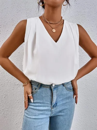 Vista 5 de Milumia Blusa plisada sin mangas con cuello en V para mujer, blusa de trabajo sólida, Blanco