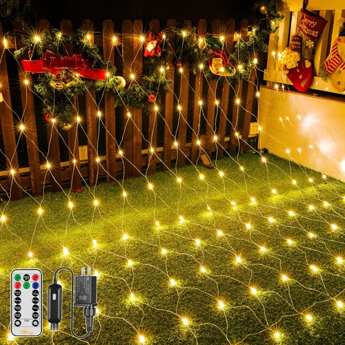 Vista 8 de Ollny Luces de Red para Exteriores Luz de Malla, 210 LED de 10 x 7 pies, cable verde, luces de red de Navidad, IP67 impermeable, 8 modos enchufable