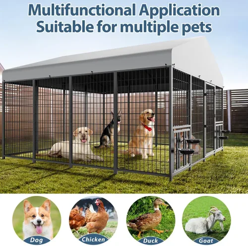 Vista 7 de Jaula grande para perros al aire libre ROOMTEC con comederos para perros, 10 pies de largo x 10 pies de ancho x 6.5 pies de alto