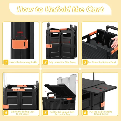 Vista 5 de Carrito plegable con ruedas giratorias, tapa magnética extendida, mango telescópico, ángulo ajustable para transportes, comestibles, oficina Negro