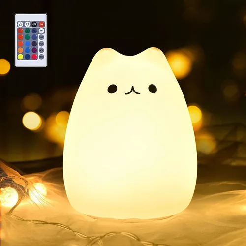 Vista 8 de Lámpara LED de mesilla de noche con forma de gato, multicolor silicona suave para habitación del bebé, control, blanco cálido y 7 modos de luz