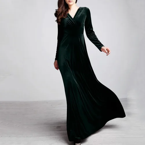 Vista 3 de SGASY Vestido largo de terciopelo elástico de manga larga con cuello en V para mujer, elegante vestido de cóctel con forro A