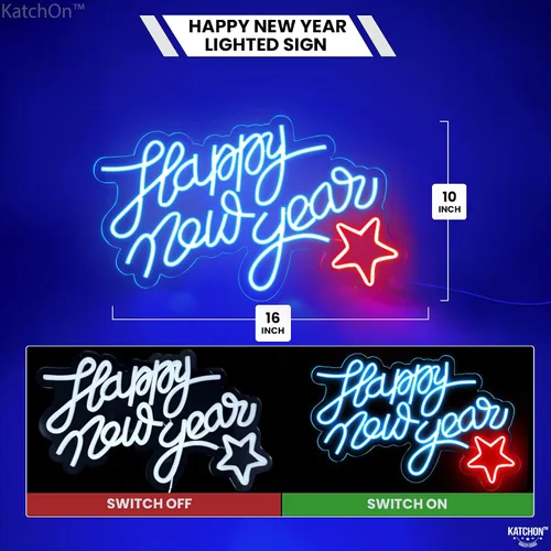 Vista 2 de KatchOn, Cartel LED Azul de Feliz Año Nuevo - 16x10 Pulgadas Cartel de Año Nuevo Neón Cartel Iluminado de Feliz Año Nuevo para Suministros