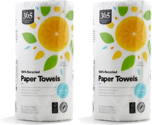 Vista 4 de 365 by Whole Foods Market, Toallas de papel jumbo 100% recicladas, ultra fuertes, 135 hojas por rollo, 1 unidad