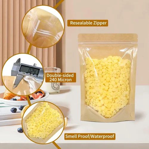 Vista 2 de 100 bolsas de papel kraft de pie con ventana transparente resellable para almacenamiento de alimentos (balsa, 7.09 x 10.24 pulgadas)