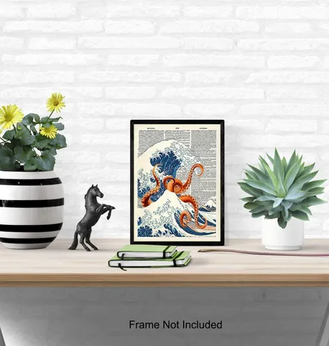 Vista 4 de Arte de Pared Decorativo Diccionario Pulpo Ola Kanagawa Japonés - Decoración Retro para el Hogar Reciclada de 8x10 pulgadas para Oficina