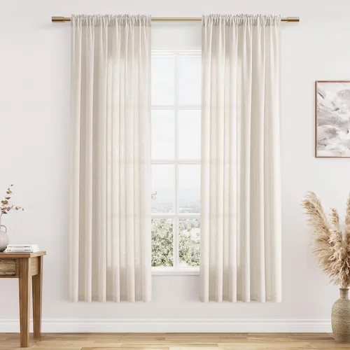 Vista 10 de Cortinas de lino verde aguamarina de 84 pulgadas de largo, juego de 2 paneles semitransparentes con bolsillo para barra para comedor, decoración