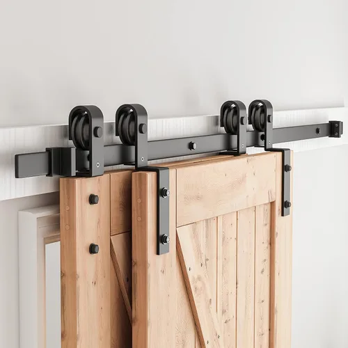 Vista 7 de SMARTSTANDARD Kit de herramientas para puerta corrediza de granero de 4 pies, para puertas de madera dobles - Riel único - Suave y silencioso