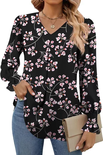 Vista 21 de Funlingo Blusas de mujer con mangas largas 2025, elegantes y casuales, con cuello en V, túnica suelta de gasa para el trabajo