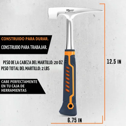 Vista 5 de Mutt Tools - Martillo de ladrillo de 20 onzas para trabajos de piedra de albañil 20 oz, martillo de ladrillo, acero forjado, mampostería, agarre