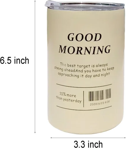 Vista 2 de Vaso térmico Iced Americano con popote de acero inoxidable, taza de café de viaje con palabras inspiradoras para hombres y mujeres (20 onzas, beige)