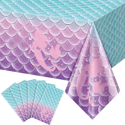 Vista 11 de 1 mantel de decoración de fiesta de cumpleaños de sirena, funda de mesa de plástico desechable para princesa bajo el mar, suministros de fiesta