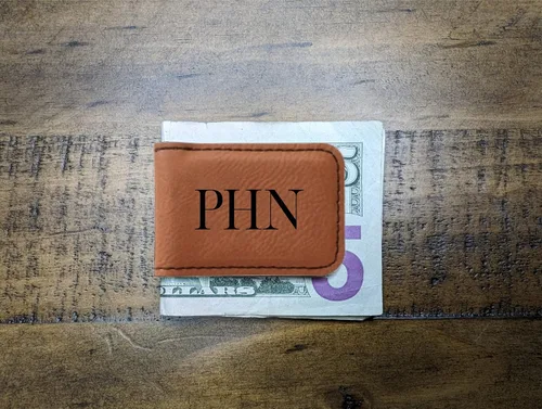 Vista 9 de Personalized Engraved Money Clip with Magnetic Closure, Custom Engraved Minimalist Leather For Him (Rawhide)