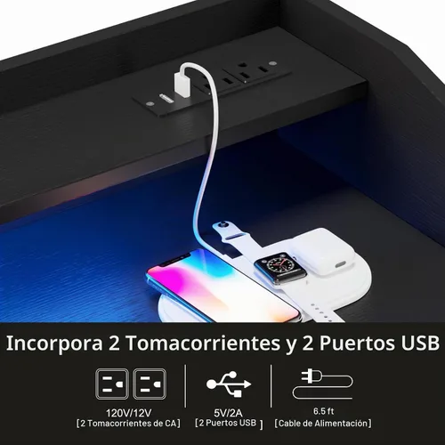 Vista 6 de LUMTOK - Cómoda con estante para colgar, 5 cajones de tela y bolsillo lateral para dormitorio 2 in 1 Black 5 Drawers Dresser with LED&Charging