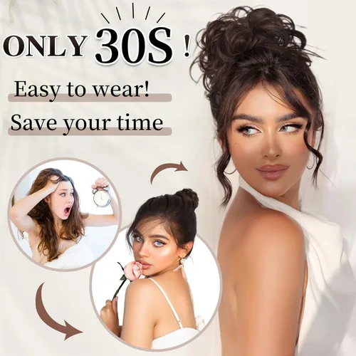 Vista 3 de HMD - Extensiones de cabello tipo chongo alborotado con rodelo despeinado, banda elástica de goma, extensiones de cabello sintético para mujer