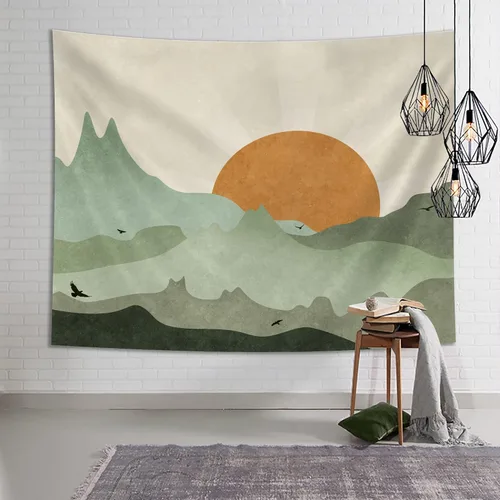 Vista 4 de SUOTEMEIFEI Tapiz bohemio verde salvia con sol de montaña, arte simple, paisaje de puesta de sol, paisaje, abstracto, estético, decoración de pared