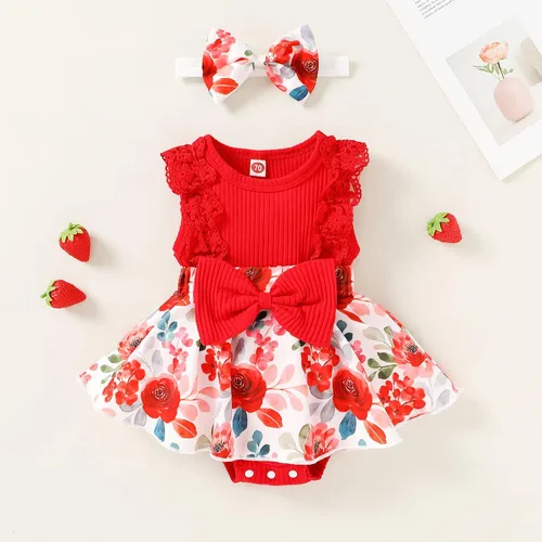 Vista 3 de YOUNGER TREE Ropa de bebé niña recién nacida, mameluco floral para bebé, mameluco para bebé, diadema para bebé, trajes de verano