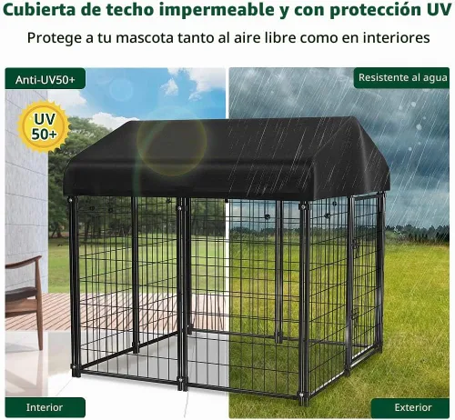 Vista 3 de Perrera exterior con techo, 4'x4'x4.5' Perrera para perros al aire libre Heavy-duty Welded Steel, UV-resistant Waterproof Cover, Secure Lock, Dog