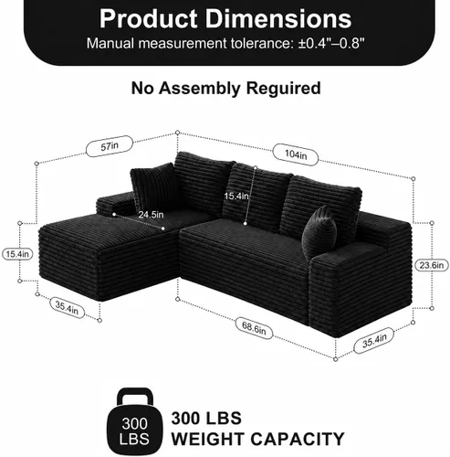 Vista 2 de Sofá modular Cloud de 104 pulgadas, cómodo sofá en forma de L con asiento profundo, sofás tapizados modernos para sala de estar y dormitorio,