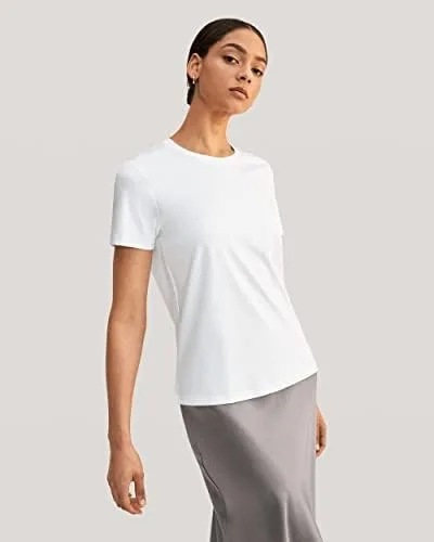 Vista 3 de LilySilk Camiseta básica de mezcla de algodón de seda para mujer, manga corta, cuello redondo, suave, simple, para verano