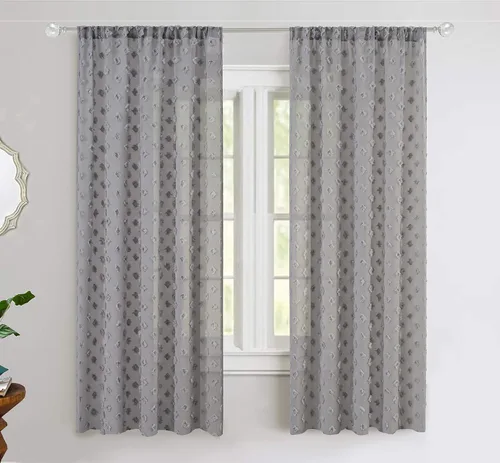 Vista 11 de DriftAway Olivia - Cortinas transparentes de gasa gris de vellón bordado para ventana con pompones, 2 paneles con pliegue para barra de 52 pulgadas