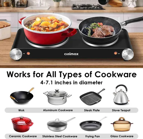 Vista 4 de Cusimax - Placa de cocción eléctrica de 1800 W, estufa eléctrica portátil para cocinar, hornalla doble, con control de temperatura ajustable