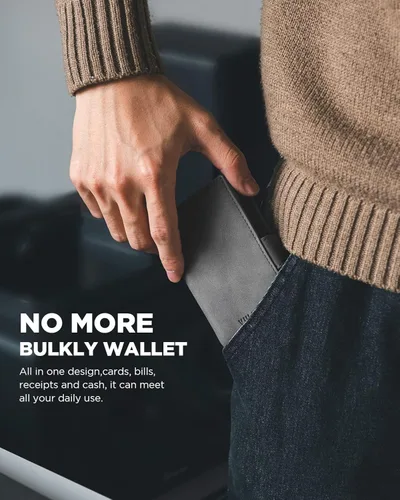 Vista 7 de VULKIT Cartera para tarjetas con soporte para AirTag y ventana de identificación, cartera de cuero desplegable con bloqueo RFID, cierre magnético