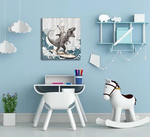 Vista 2 de WWN Divertido arte de pared de dinosaurio para montar en gato, divertido arte de pared de T-Rex Surfing, pintura para decoración de pared, póster