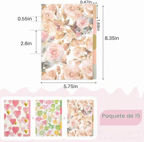 Vista 2 de Framendino, Paquete de 15 separadores de índice de carpeta, tamaño A5, tarjeta de indexación de papel insertable para cuadernos de 6 anillas, 3
