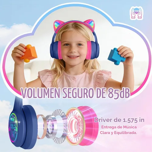 Vista 2 de IFECCO - Auriculares inalámbricos para niños con funda, linda oreja de gato con luz LED, tiempo de reproducción de 50 horas, volumen seguro