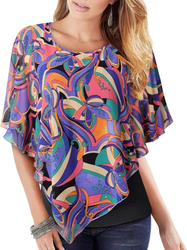 Vista 15 de Lotusmile Blusas elegantes de gasa tipo poncho para mujer 25 impresiones punto negro