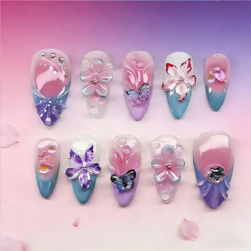 Vista 43 de Uñas postizas a presión medianas con diseño geométrico blanco almendra – 24 uñas postizas reutilizables de ABS brillante, fácil de aplicar, juego