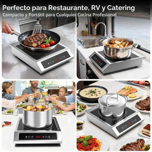 Vista 7 de Placa de cocción de inducción comercial de 1800 W, quemador eléctrico de encimera de acero inoxidable de 120 V con panel táctil digital