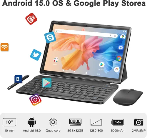 Vista 4 de Tablet Android 15 de 10 pulgadas con lápiz capacitivo de teclado, 8 GB de RAM 2 en 1 Tableta, incluye mouse y funda protectora, batería de 6000 mAh