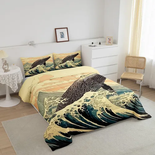 Vista 2 de Erosebridal Juego de edredón de ballena náutica, tamaño individual, juego de ropa de cama vintage azul con ondas oceánicas para niños y niñas