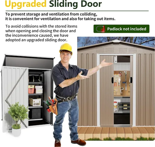 Vista 4 de Cobertizo de almacenamiento para exteriores de 8 x 6 pies con piso, cobertizo de herramientas de metal impermeable con puerta cerrada con puerta