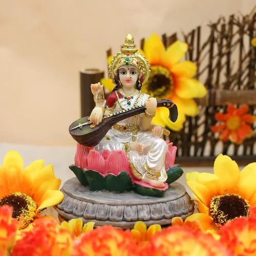 Vista 2 de alikiki Estatua de Sarawati de ídolo indio pequeña de la India, 3.9 pulgadas de alto, figura de diosa hindú Saraswati para decoración de tablero