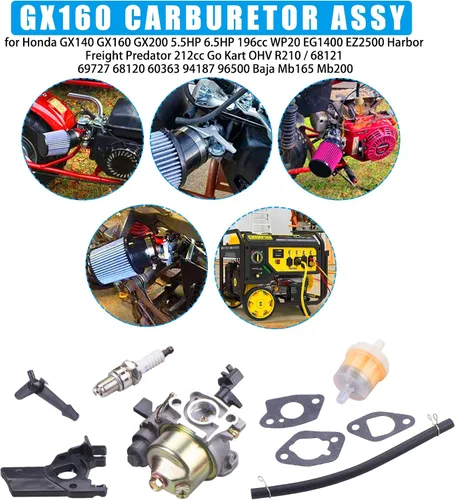 Vista 5 de JINGKE Conjunto de carburador GX160 para Honda GX140 GX160 GX200 5.5HP 6.5HP 196cc WP20 EG1400 EZ2500 Harbor Freight Predator 212cc Go Kart OHV R210