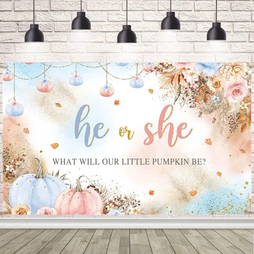 Vista 7 de AIBIIN Telón de fondo de revelación de género de 7 x 5 pies con texto en inglés "He or She What Will Our Little Pumpkin Be Background", color rosa