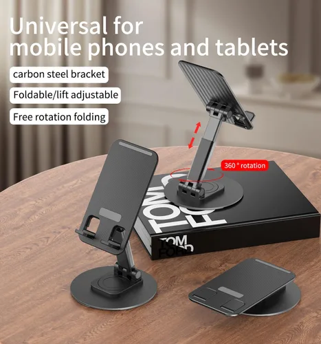 Vista 2 de Soporte giratorio para teléfono móvil de 360°, base de soporte plegable para teléfono de escritorio totalmente ajustable, soporte plegable