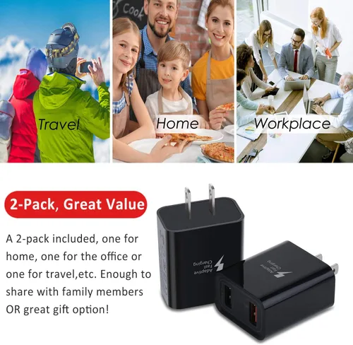 Vista 5 de Paquete de 2 bloques de cargador rápido USB A, cargador de pared de carga negro