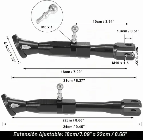 Vista 3 de Motoforti - Soporte lateral ajustable universal para motocicleta, soporte de patada, CNC de aleación de aluminio negro, 1 juego