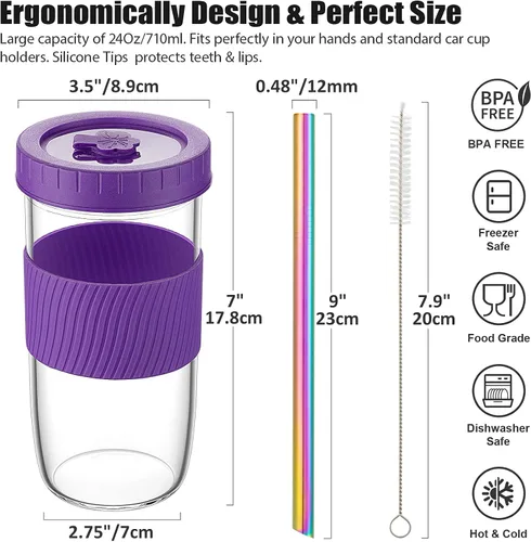 Vista 3 de Frascos de vidrio reutilizables tipo Mason, vasos con tapas y pajitas, fundas de silicona, paquete de 2 vasos de 24 oz de boca ancha para batidos