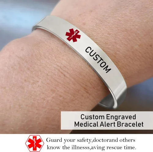 Vista 10 de LoEnMe Jewelry Pulseras de alerta médica personalizadas para hombres y mujeres, personalizable, grabado gratuito, acero inoxidable, pulsera