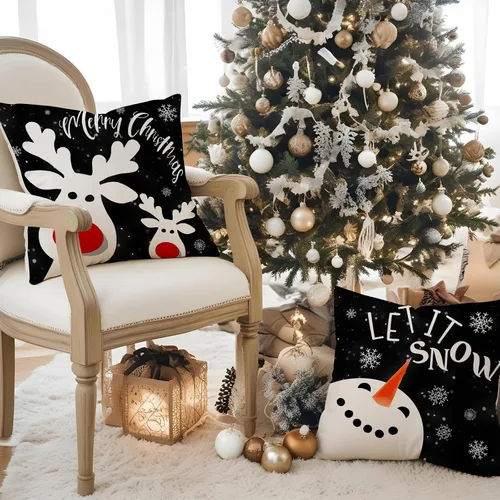 Vista 6 de MIRLEWAIY Paquete de 4 fundas de almohada de 18 x 18 pulgadas, diseño de reno de Navidad, muñeco de nieve de granja, feliz Navidad, feliz año nuevo