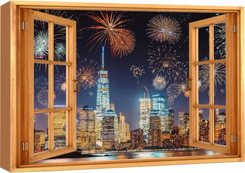 Vista 63 de wall26 - Cuadro en lienzo para pared, vista de ventana, celebración del 4 de julio, fuegos artificiales en el puerto de NYC, celebraciones