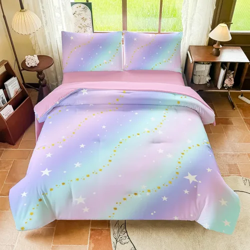 Vista 19 de Juego de ropa de cama arcoíris tamaño individual, edredón reversible de 5 piezas para niñas con sábana de bolsillo profundo, diseño degradado
